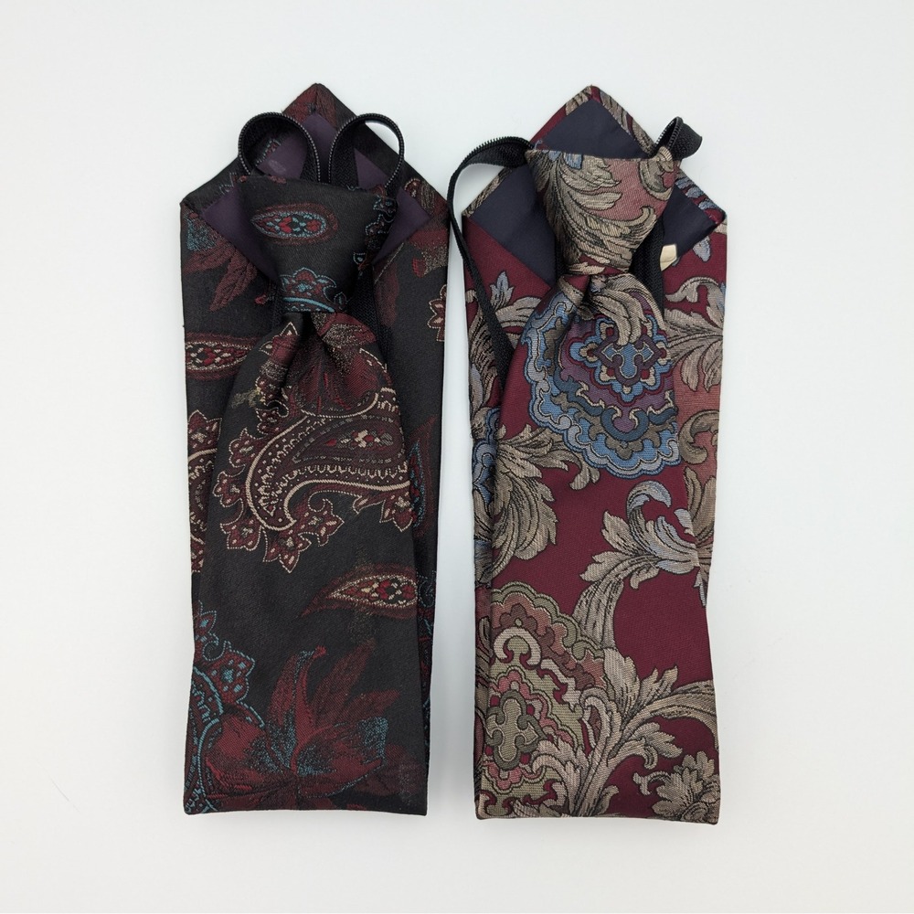 Norseman Zipper Tie Lot 2 Embroidered Floral Paisley Preowned Mens Neckwear